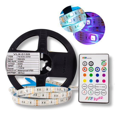 1x Fita Led 5050 Rgb Controle Remoto 3m 5v Usb Sem Fonte