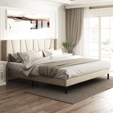 Base De Cama King Con Respaldo De Terciopelo Y Alas, Beige