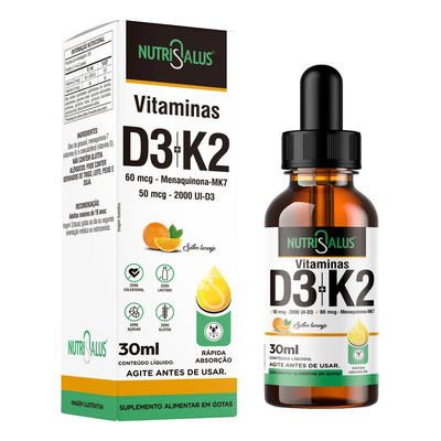 Vitamina D3 2000 Ui + K2 - Mk7 60 Mcg Por Dose Rápida Absorção 300 Doses Nutri Salus 30ml Sabor Laranja | Parcelamento sem juros