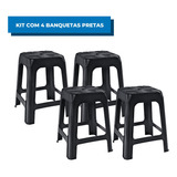 Kit C/4 Banquetas Banco Banquinho Preto Empilhável Reforçado