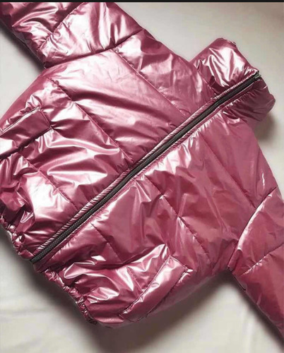 Campera Puffer Rosa Metalizada Inflable Cuello Alto