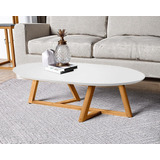 Mesa De Centro Sala Classic Oval Com Pés Em Madeira Branco Cor Branco/amêndoa