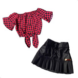 Conjunto Infantil Cropped De Amarrar Xadrez + Saia Com Cinto