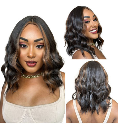 Peruca Moderna  Lace Wig Curto Ondulado Com Mechas Mel