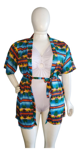 Conjunto Maiô Com Kimono Plus Size Saída De Praia Body Maiô