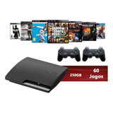 Sony Playstation 3 Slim 250gb Standard Ps3 + 2 Controle + 60 Jogos Cor  Charcoal Black