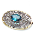 Broche Plata Borde Oval Enchapado Oro Piedra Azul Marquesita