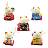 Maneki-neko Gato De La Suerte Japonés Cerámica 5pzas Adorno