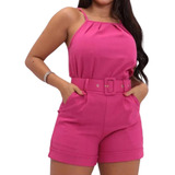 Conjunto Feminino Blusa Shorts Cinto Tecido Linho Premium