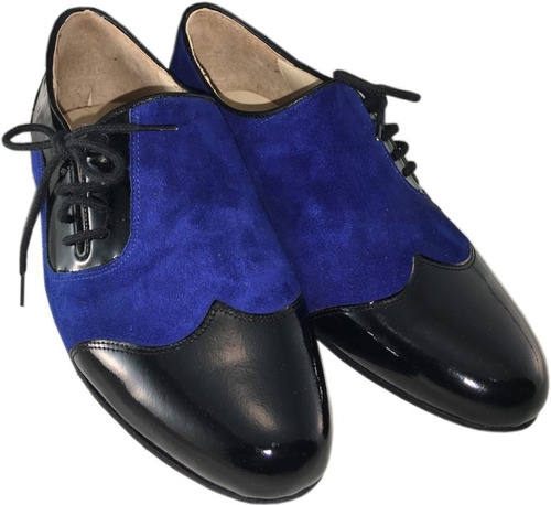 Zapato De Baile Tango Salsa Fiesta Rock Gamuza Azul Y Charol