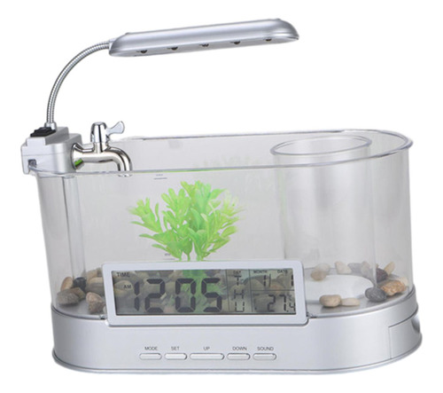 Acuario De Escritorio Con Reloj Led, Bomba, Blanco