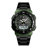 Reloj Hombre Skmei 1370 Acero Sumergible Alarma Cronometro Color De La Malla Negro/verde Militar