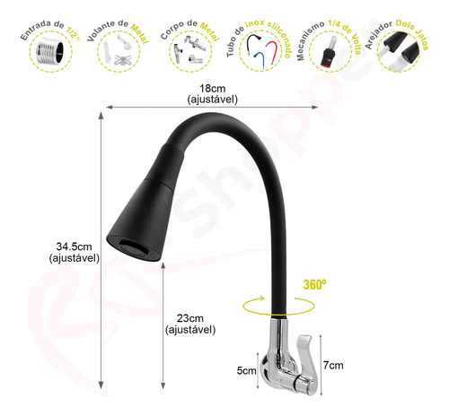 Torneira De Cozinha 1/4 De Volta Br Shopper 5005c-v Flexível 1/2 3/4 Pia Dois Jato Negro