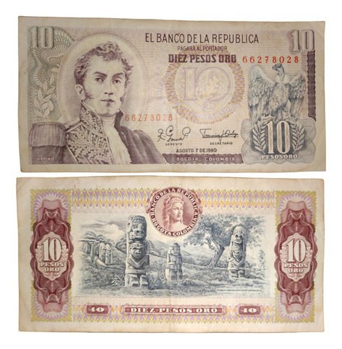 Colombia 10 Pesos Oro Billete Antiguo Y Coleccionable