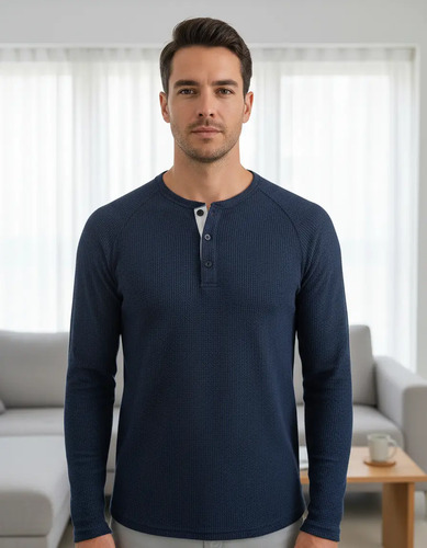 Camisas De Manga Larga De Algodón Henley Para Hombre