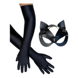 Kit Máscara Mulher Gato + Luvas Fantasia Carnaval Halloween Cor Preto