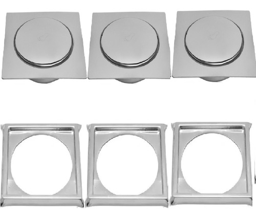 3 Ralos Click Inteligente Em Inox 10x10 Cm + 3 Porta Grelha