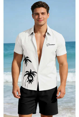 Camisa Con Estampado De Palmeras En 3d Y Pantalón Corto Con