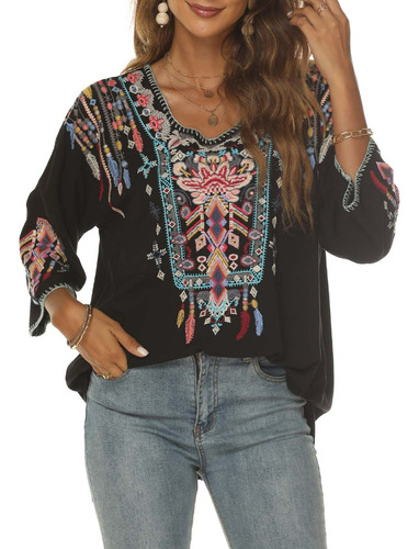 Blusa De Verano Con Bordado Floral Étnico De Manga 3/4 Para