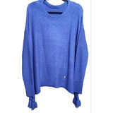 Sweater Poncho Con Borlas Lana Mohair Azul