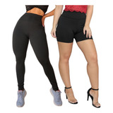 Kit Calça E Shorts Legging Fitness Feminino Cintura Alta 