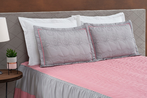 Colcha Para Cama Grande King Cinza Com Rosa Bordada 3 Peças