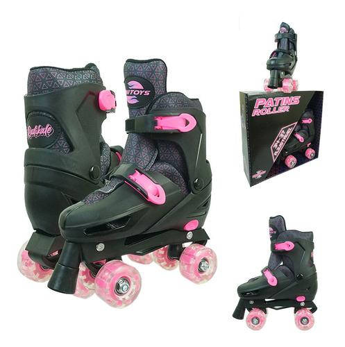 Patins Roller Com 4 Rodas Led Ajustável 34-37 Rosa E Azul