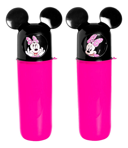 2 Tubo Giratório Infantil Minnie P/ Pasta Itens Higiene Rosa