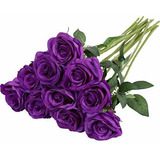 Rosas Artificiales Realistas Con Tallo Violeta X 10u