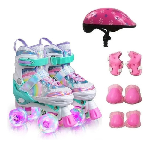 Patins Quad Lindo Tam. Ajustável + Kit Proteção Rodinhas Led