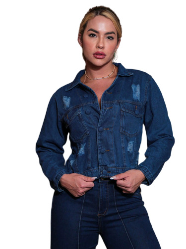 Jaqueta Feminina Jeans Curta Botões Em Tecido Destroyed