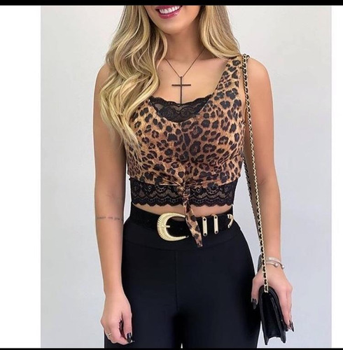 Cropped Detalhes Renda Suplex Animal Print Lançamento Lindo