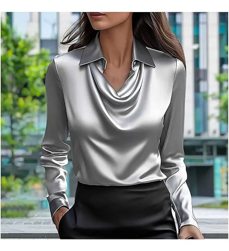 Blusa Moda Casual Elegante De Satín Manga Larga Para Mujer