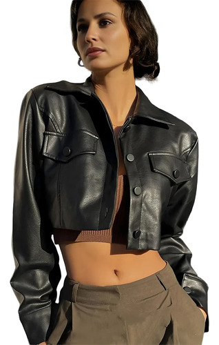 Chaqueta Corta De Piel Sintética Con Botones, Estilo Moda