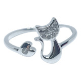 Anillo De Plata 925 Regulable Gatito Y Corazon