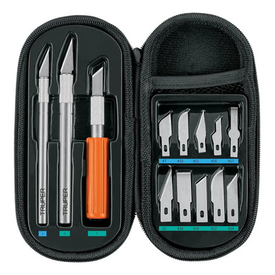 Juego De Exactos Con 13 Cuchillas Y Estuche Truper Exa-11 Estuche Negro; Herramientas Plateadas Con Mango Naranja