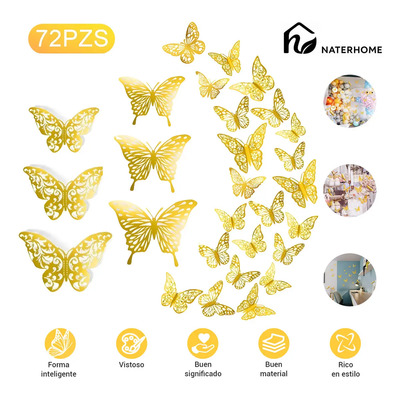 Naterhome 72pzs Mariposas Decorativas, 3d Pared Colore Metálicos Hueco, Mariposas 3d Mariposas Pastel Mariposas Decorativas 3d Mariposas Decorativas Pared | MercadoLibre