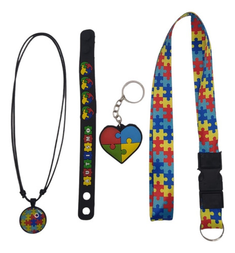 Kit Autismo Colar + Pulseira Silicone + Chaveiro + Cordão 