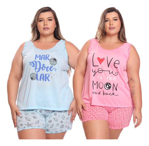 Kit 2 Conjuntos Baby Doll Plus Size Short + Regata Pijama