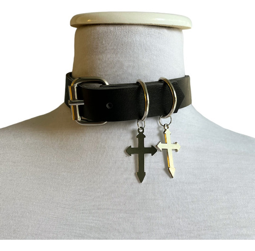 Choker Collar Gargantilla Ecocuero Gotico Cruces Color Negro