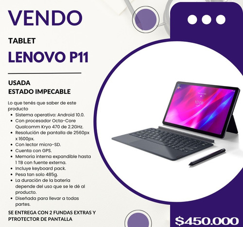 Tablet Lenovo P11 Con Funda Teclado Lápiz Más Extras