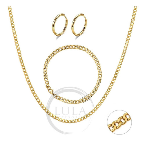 Set X3 Collar + Pulsera + Aros Argolla Mujer Acero Dorado