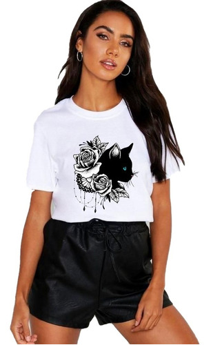 Polera Dama Estampada 100%algodon Diseño Gato Negro