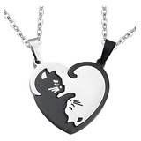 Collar Pareja Gato Yin Yang Cadena Acero Inoxidable Corazón