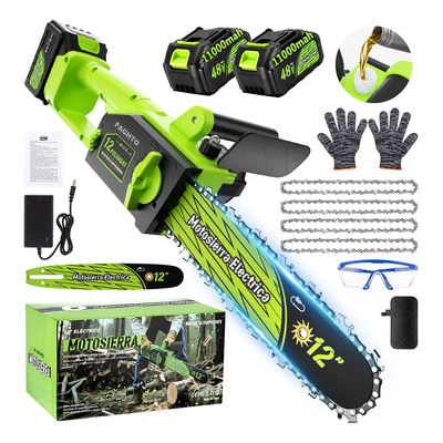 Motosierra Inalámbrica Eléctrica 12 Pulgadas 6000w, Faghto Kit De Moto Sierra De Mano Portatil 52000rpm Con 11000mah*2 Baterías Recargable Con Sistema De Lubricación Automática Con Protecciones | Envío gratis