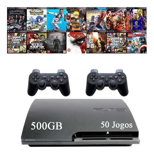 Sony Playstation 3 Slim 500gb + 2 Controles + 50 Jogos + Nf-e + Garantia + Pes23 + Minecraft ++