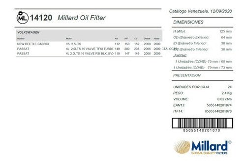 Millard Filtro Aceite Ml14120 Golf Jetta Audi A3 Seat Toledo Foto 4