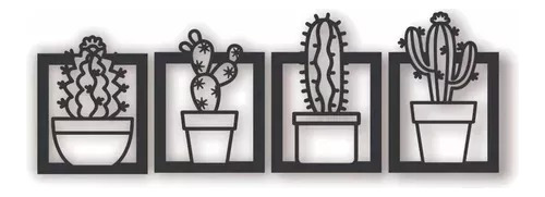 Cuadros Plantas Cactus Set De 4und 25x25cm En Madera Mdf