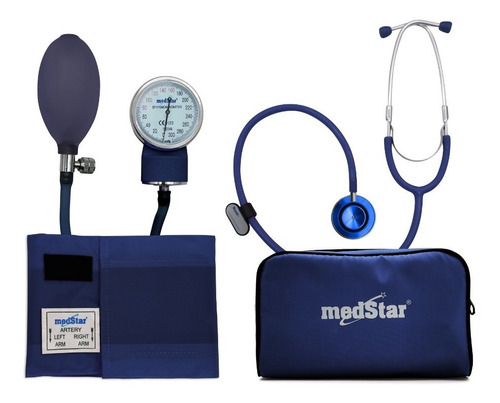 Kit Baumanómetro Con Estetocopio Doble Campana Medstar Color Azul