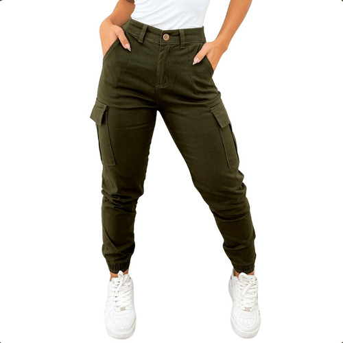 Calça Cargo Jogger Jeans Feminina Cintura Alta Bolso Lateral